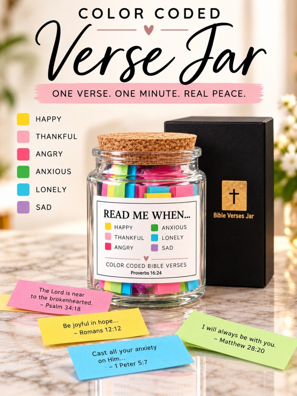 Color-Coded Bible Verse Jar with Cork Lid & Black Memorable Gift Box